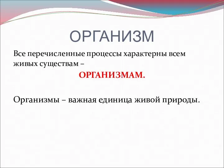 ОРГАНИЗМ Все перечисленные процессы характерны всем живых существам – ОРГАНИЗМАМ. Организмы – важная единица живой природы.