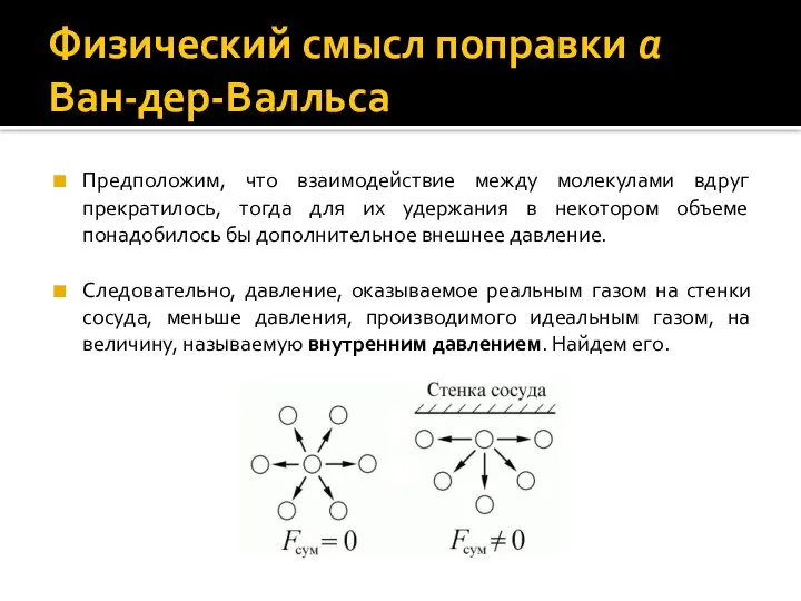 Физический смысл поправки a Ван-дер-Валльса Предположим, что взаимодействие между молекулами вдруг прекратилось,