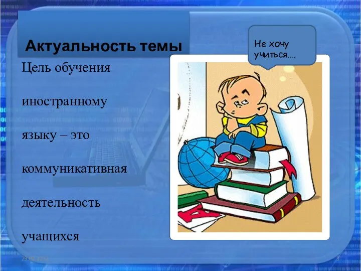 Актуальность темы 29.08.2012 Не хочу учиться…. Цель обучения иностранному языку – это коммуникативная деятельность учащихся