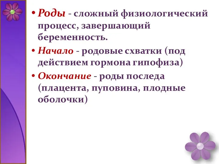 Роды - сложный физиологический процесс, завершающий беременность. Начало - родовые схватки (под