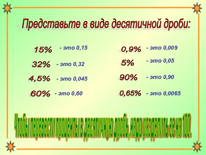 Представьте в виде десятичной дроби: 15% - это 0,009 32% - это