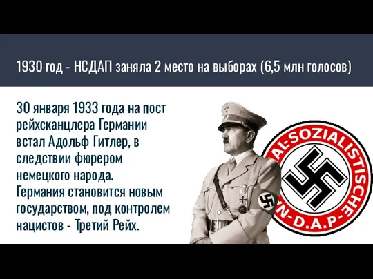 1930 год - НСДАП заняла 2 место на выборах (6,5 млн голосов)