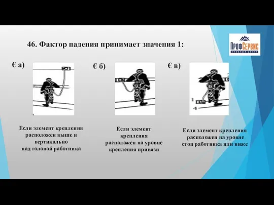 46. Фактор падения принимает значения 1: € а) € б) € в)