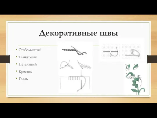 Декоративные швы Стебельчатый Тамбурный Петельный Крестик Гладь