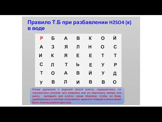 Правило Т.Б при разбавлении H2SO4 (к) в воде Р Б А В