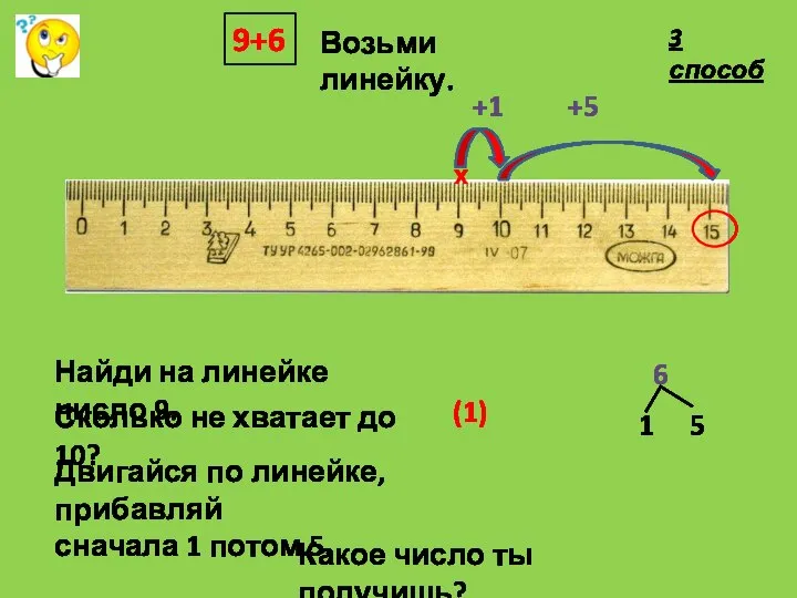 9+6 Возьми линейку. Найди на линейке число 9. Сколько не хватает до