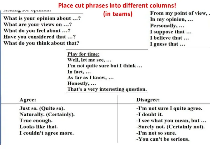 Place cut phrases into different columns! (in teams)