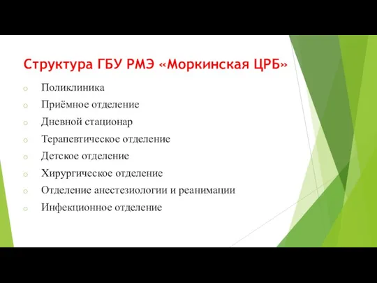 Структура ГБУ РМЭ «Моркинская ЦРБ» Поликлиника Приёмное отделение Дневной стационар Терапевтическое отделение