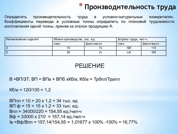 Производительность труда Определить производительность труда в условно-натуральных измерителях. Коэффициенты перевода в условные