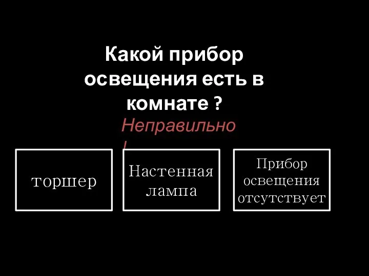 Какой прибор освещения есть в комнате ? Неправильно! торшер Настенная лампа Прибор освещения отсутствует