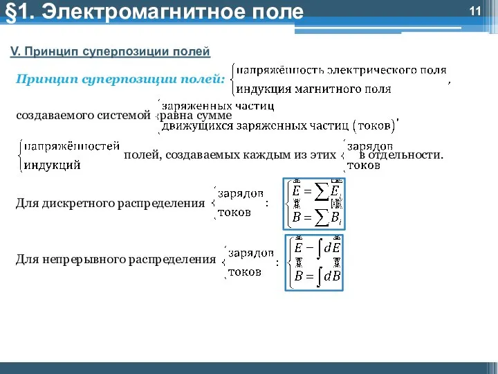 §1. Электромагнитное поле V. Принцип суперпозиции полей Принцип суперпозиции полей: создаваемого системой