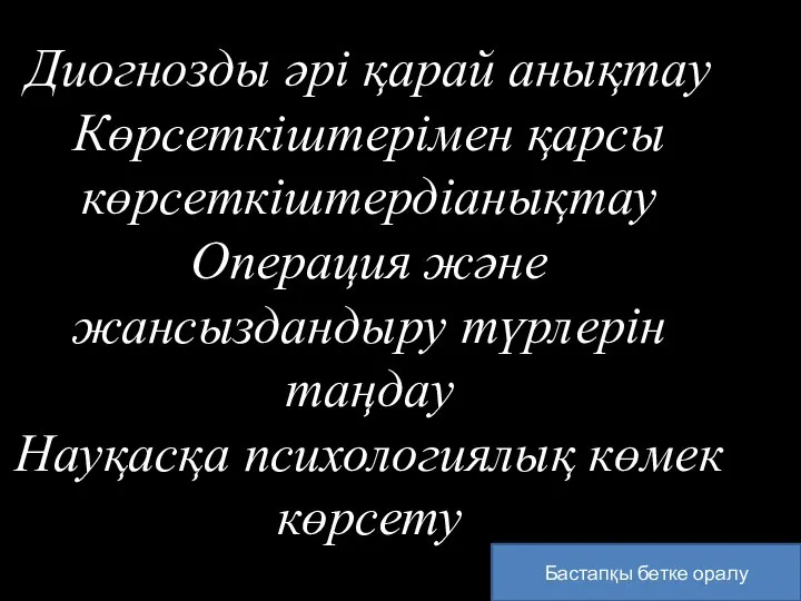 Бастапқы бетке оралу Диогнозды әрі қарай анықтау Көрсеткіштерімен қарсы көрсеткіштердіанықтау Операция және