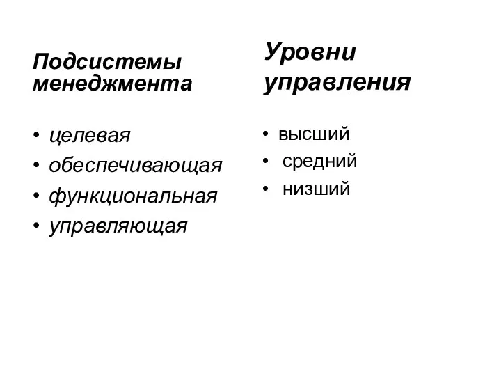 Подсистемы менеджмента целевая обеспечивающая функциональная управляющая Уровни управления высший средний низший