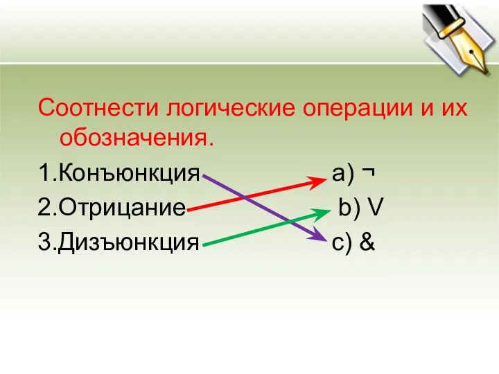 Соотнести логические операции и их обозначения. 1.Конъюнкция a) ¬ 2.Отрицание b) V 3.Дизъюнкция c) &