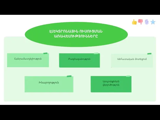 ԷԼԵԿՏՐՈՆԱՅԻՆ ՈՒՍՈՒՑՄԱՆ ԱՌԱՎԵԼՈՒԹՅՈՒՆՆԵՐԸ Բազմազանություն Հանրամատչելիություն Անհատական մոտեցում Խնայողություն Արդյունքների վերլուծություն