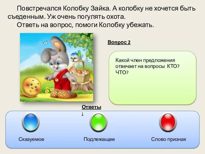 Повстречался Колобку Зайка. А колобку не хочется быть съеденным. Уж очень погулять