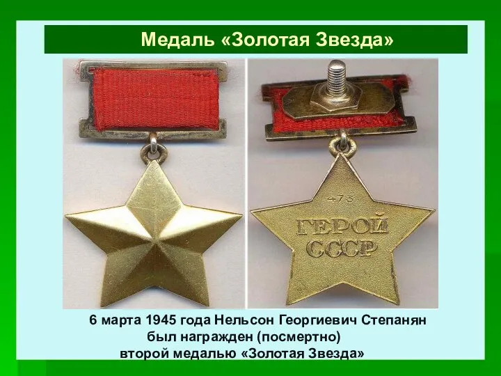 . 6 марта 1945 года Нельсон Георгиевич Степанян был награжден (посмертно) второй