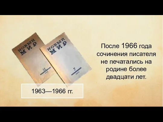 1963—1966 гг. После 1966 года сочинения писателя не печатались на родине более двадцати лет.