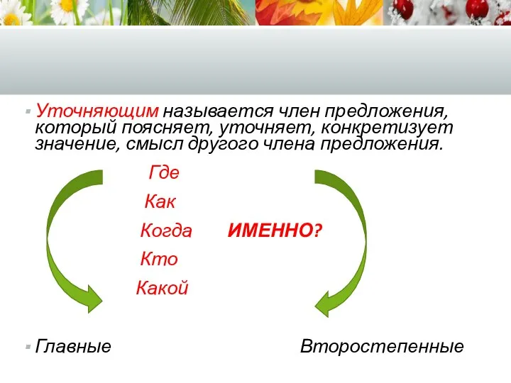 Уточняющим называется член предложения, который поясняет, уточняет, конкретизует значение, смысл другого члена