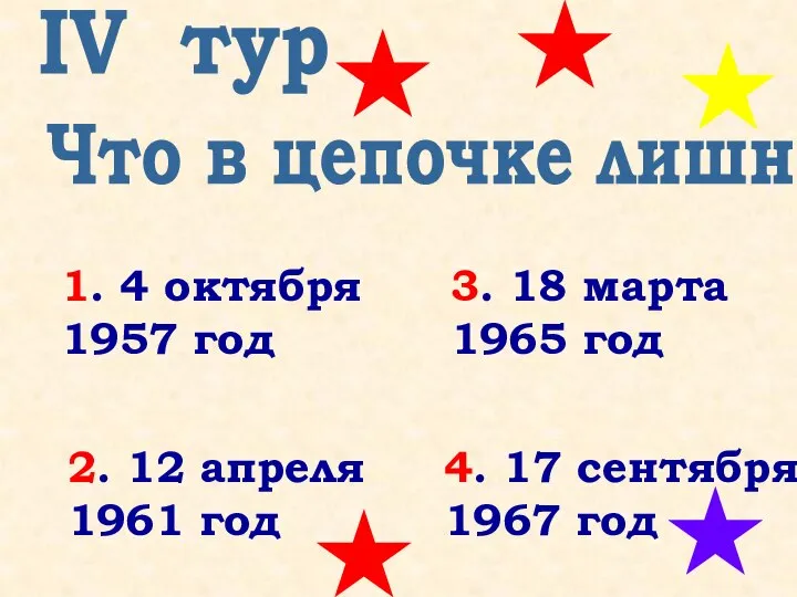 Что в цепочке лишнее? IV тур 1. 4 октября 1957 год 3.