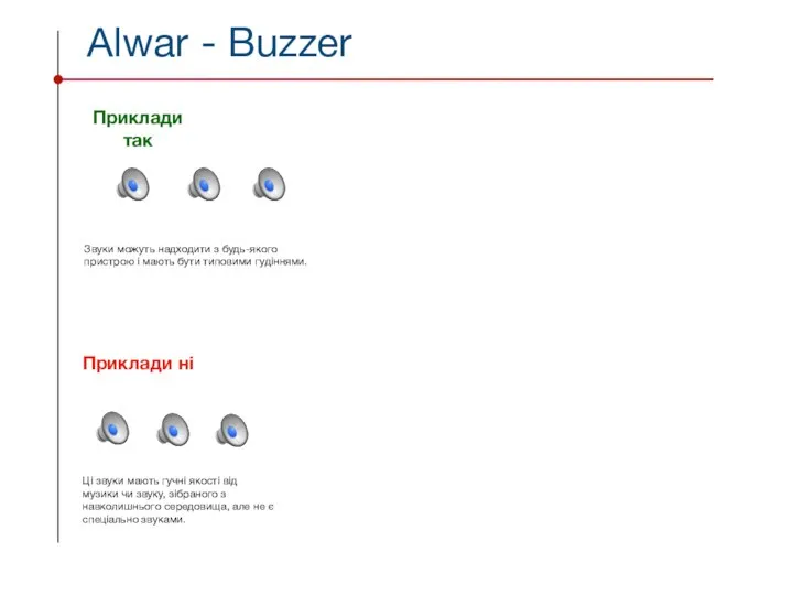 Alwar - Buzzer Приклади так Приклади ні Ці звуки мають гучні якості