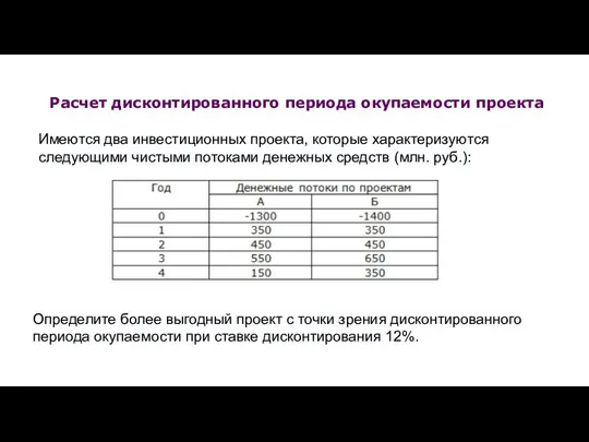 Расчет дисконтированного периода окупаемости проекта Имеются два инвестиционных проекта, которые характеризуются следующими