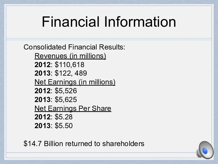 Financial Information Consolidated Financial Results: Revenues (in millions) 2012: $110,618 2013: $122,