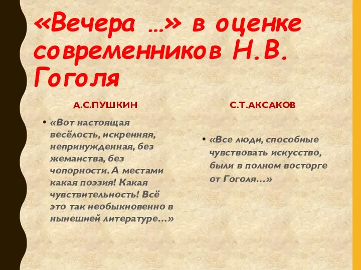 «Вечера …» в оценке современников Н.В.Гоголя А.С.ПУШКИН «Вот настоящая весёлость, искренняя, непринужденная,