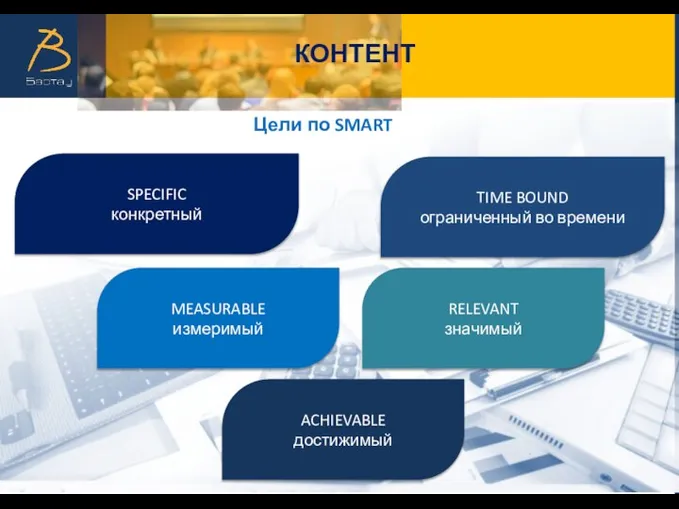 Цели по SMART КОНТЕНТ SPECIFIC конкретный TIME BOUND ограниченный во времени MEASURABLE