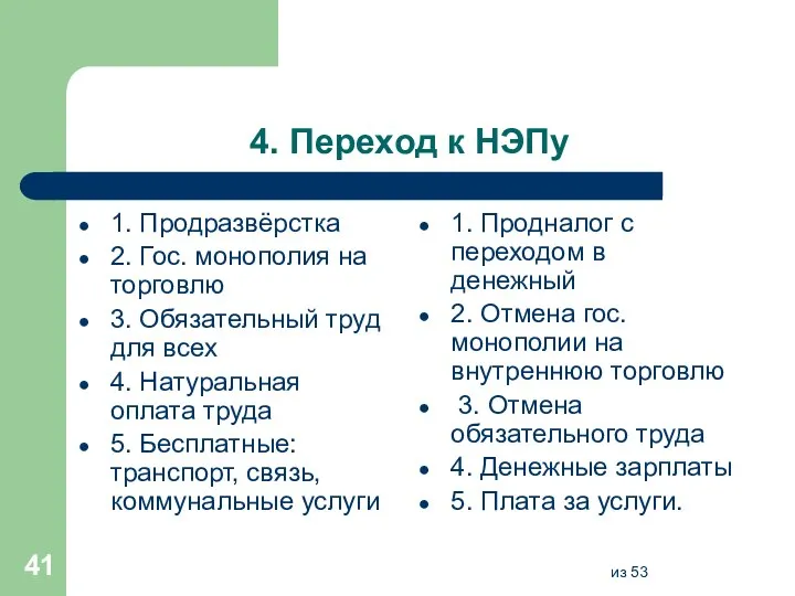 4. Переход к НЭПу 1. Продразвёрстка 2. Гос. монополия на торговлю 3.