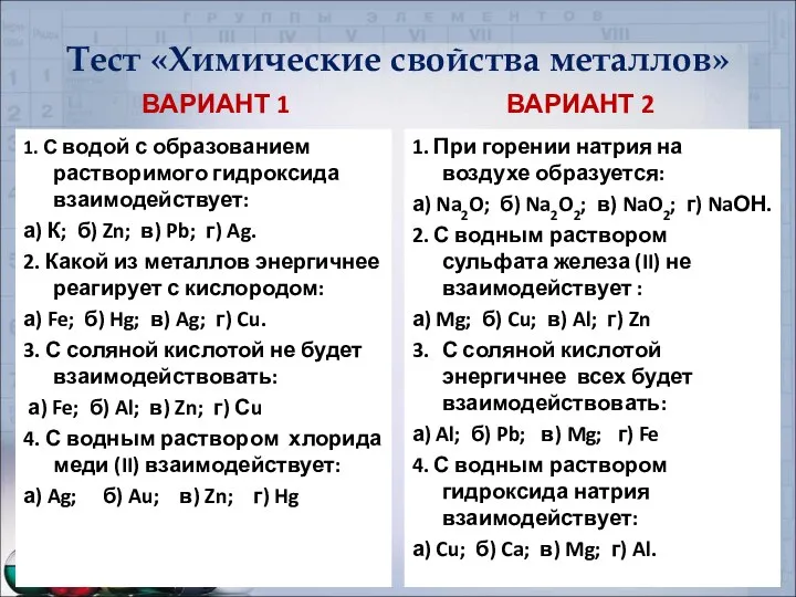 Тест «Химические свойства металлов» ВАРИАНТ 1 1. С водой с образованием растворимого