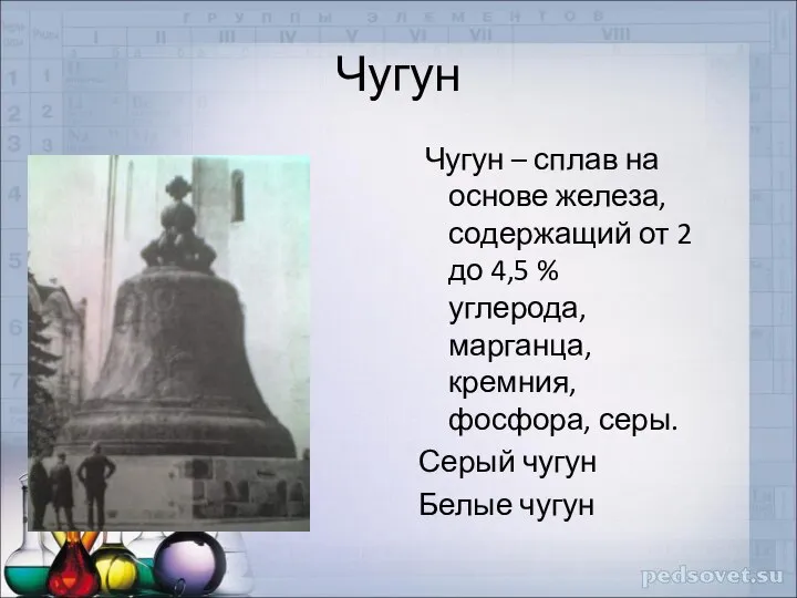 Чугун Чугун – сплав на основе железа, содержащий от 2 до 4,5