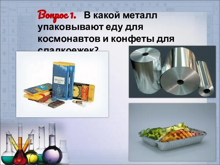 Вопрос 1. В какой металл упаковывают еду для космонавтов и конфеты для сладкоежек?