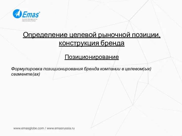 Определение целевой рыночной позиции, конструкция бренда Позиционирование Формулировка позиционирования бренда компании в целевом(ых) сегменте(ах)