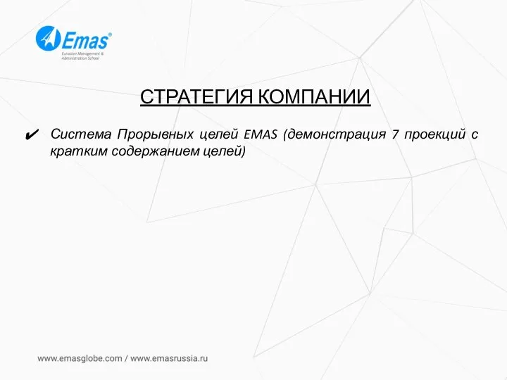 СТРАТЕГИЯ КОМПАНИИ Система Прорывных целей EMAS (демонстрация 7 проекций с кратким содержанием целей)