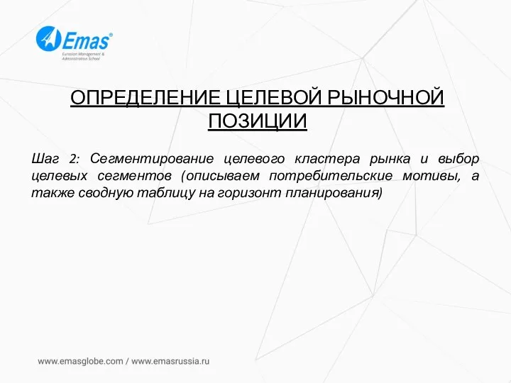 ОПРЕДЕЛЕНИЕ ЦЕЛЕВОЙ РЫНОЧНОЙ ПОЗИЦИИ Шаг 2: Сегментирование целевого кластера рынка и выбор