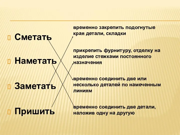 Сметать Наметать Заметать Пришить временно закрепить подогнутые края детали, складки прикрепить фурнитуру,