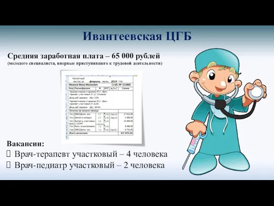 Ивантеевская ЦГБ Средняя заработная плата – 65 000 рублей (молодого специалиста, впервые