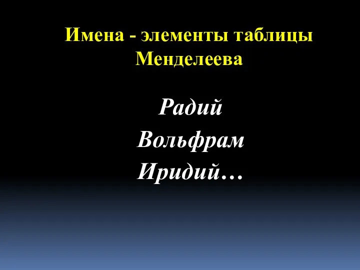 Имена - элементы таблицы Менделеева Радий Вольфрам Иридий…