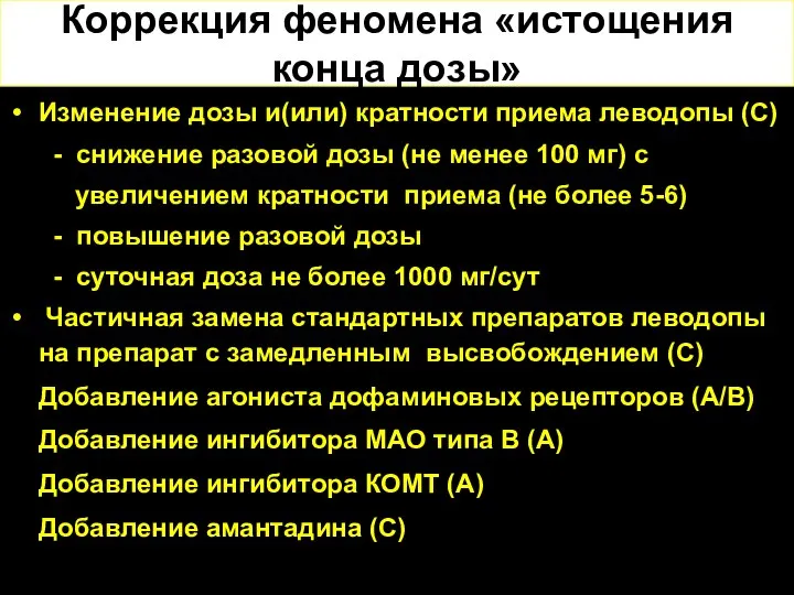 Коррекция феномена «истощения конца дозы» Изменение дозы и(или) кратности приема леводопы (С)