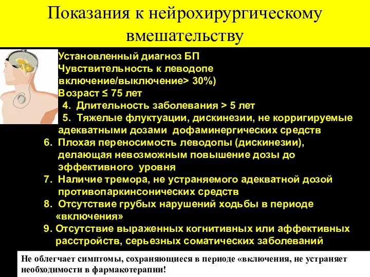 Показания к нейрохирургическому вмешательству 1. Установленный диагноз БП 2. Чувствительность к леводопе