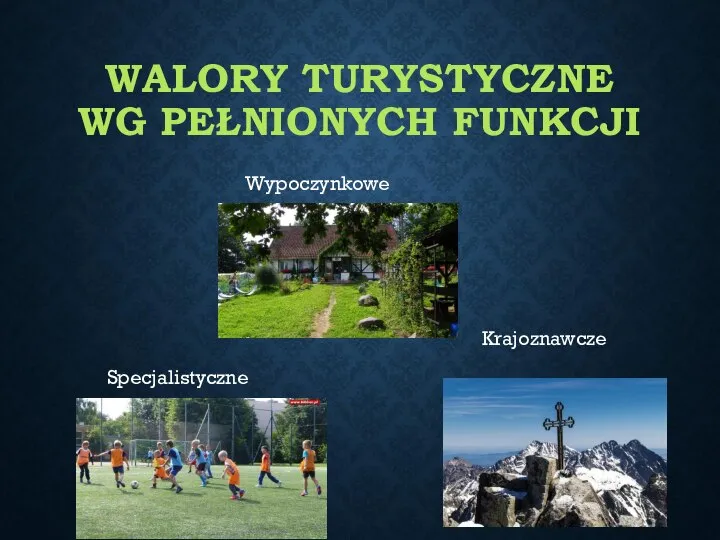 WALORY TURYSTYCZNE WG PEŁNIONYCH FUNKCJI Wypoczynkowe Krajoznawcze Specjalistyczne