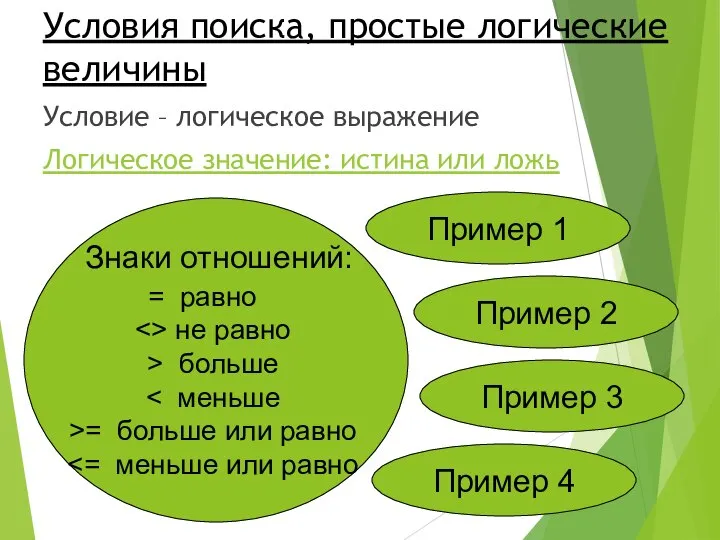 Условия поиска, простые логические величины Условие – логическое выражение Логическое значение: истина