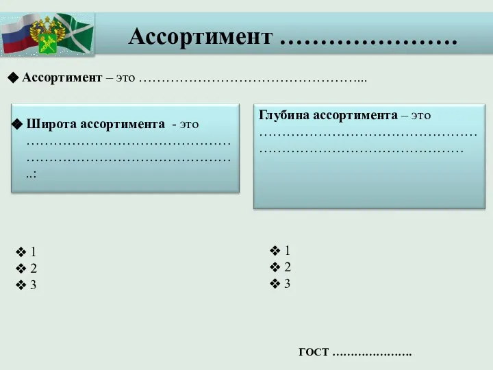 Ассортимент …………………. Ассортимент – это …………………………………………... 1 2 3 ГОСТ …………………. 1 2 3