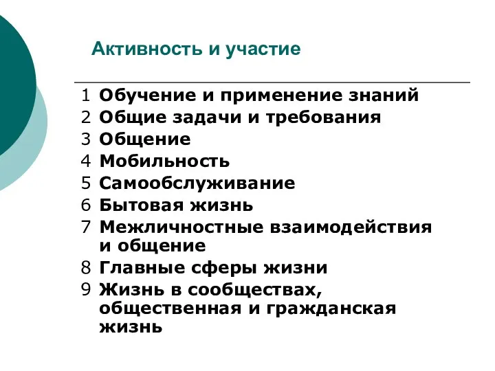 Активность и участие 1 Обучение и применение знаний 2 Общие задачи и