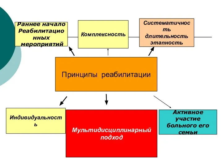 Комплексность Систематичность длительность этапность Мультидисциплинарный подход Индивидуальность Принципы реабилитации Раннее начало Реабилитационных