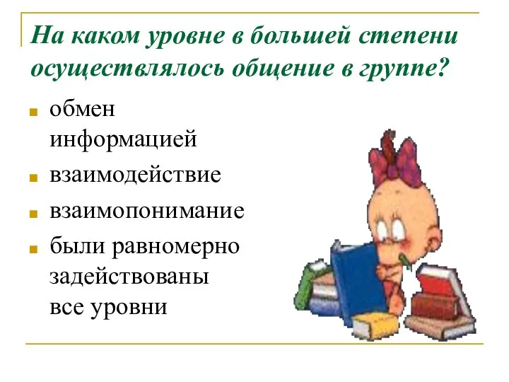 На каком уровне в большей степени осуществлялось общение в группе? обмен информацией