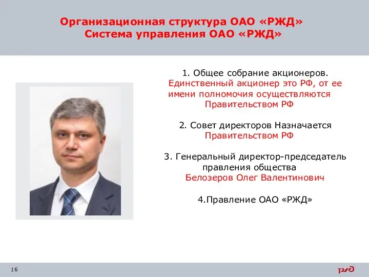 Организационная структура ОАО «РЖД» Система управления ОАО «РЖД» 1. Общее собрание акционеров.