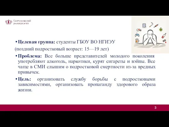 Целевая группа: студенты ГБОУ ВО НГИЭУ (поздний подростковый возраст: 15—19 лет) Проблема: