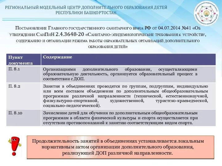 РЕГИОНАЛЬНЫЙ МОДЕЛЬНЫЙ ЦЕНТР ДОПОЛНИТЕЛЬНОГО ОБРАЗОВАНИЯ ДЕТЕЙ РЕСПУБЛИКИ БАШКОРТОСТАН Постановление Главного государственного санитарного